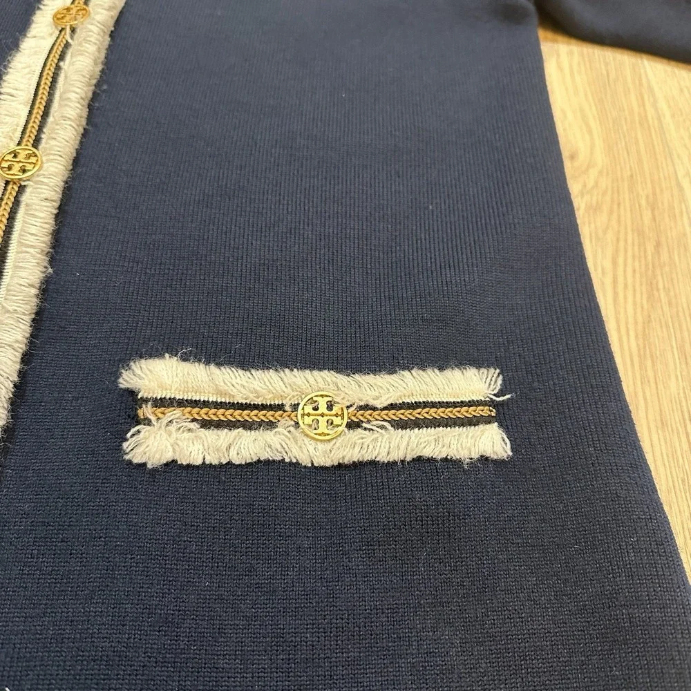 Tory Burch Wool Kendra Fringe Trimmed Sweater Coat Navy Sz M Heavy Weight Preppy